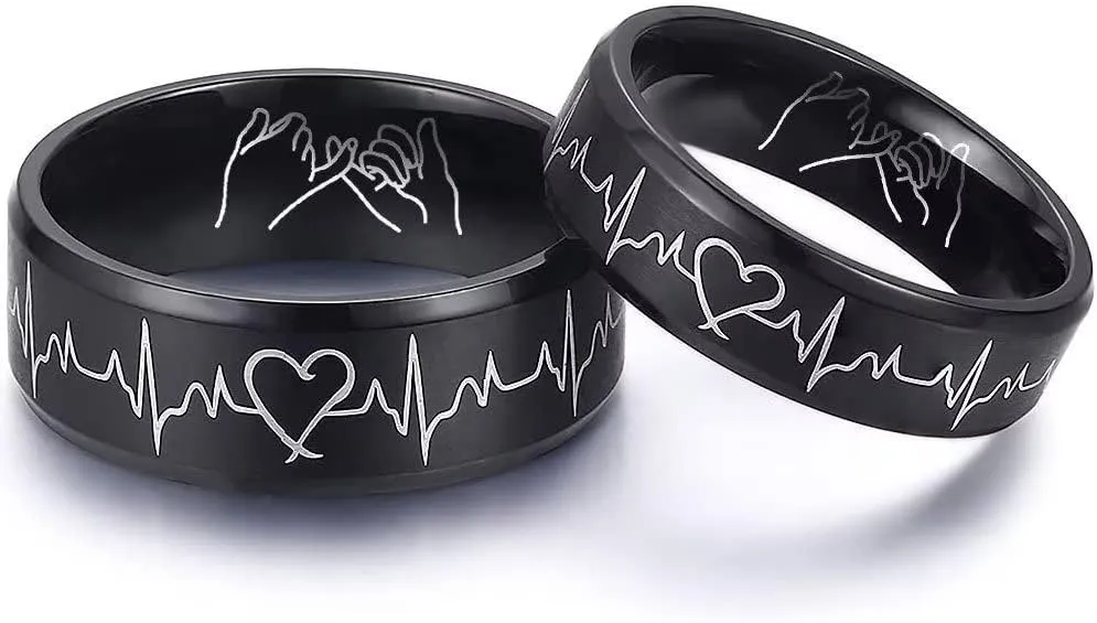 AJZYX Heartbeat Rings for Couples Hand in Hand Promise Rings Wedding Bands for Him and Her Stainless Steel Comfort Fit