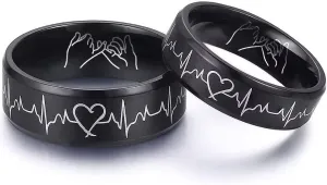 AJZYX Heartbeat Rings for Couples Hand in Hand Promise Rings Wedding Bands for Him and Her Stainless Steel Comfort Fit