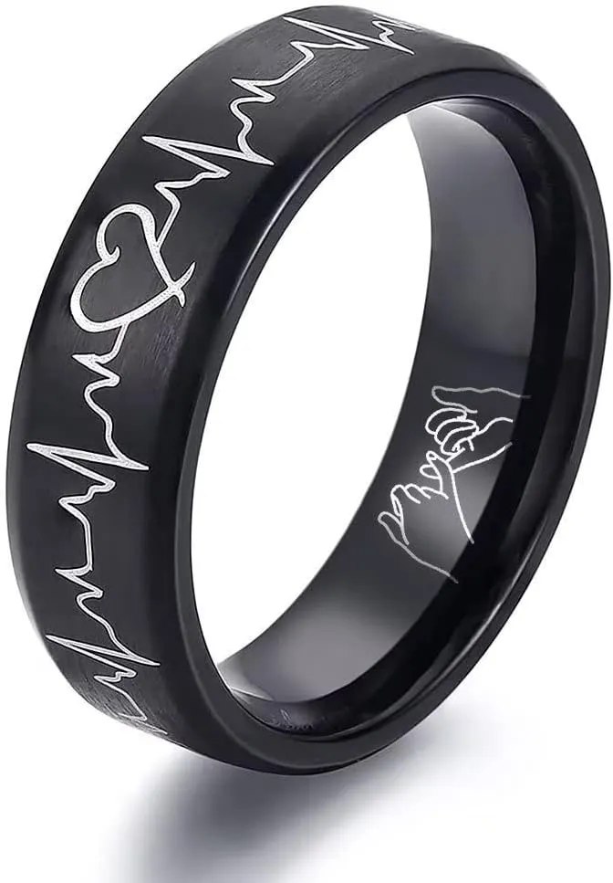 AJZYX Heartbeat Rings for Couples Hand in Hand Promise Rings Wedding Bands for Him and Her Stainless Steel Comfort Fit