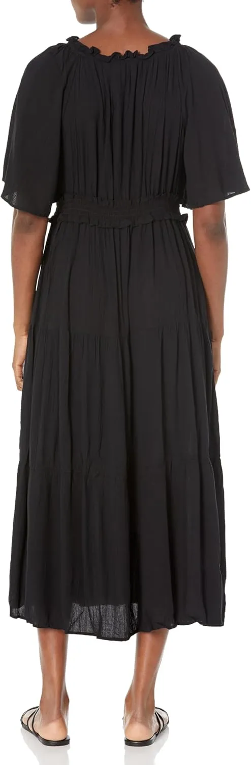 Angie Women's Short Sleeve Tie Neck Cinch Waist Maxi Dress