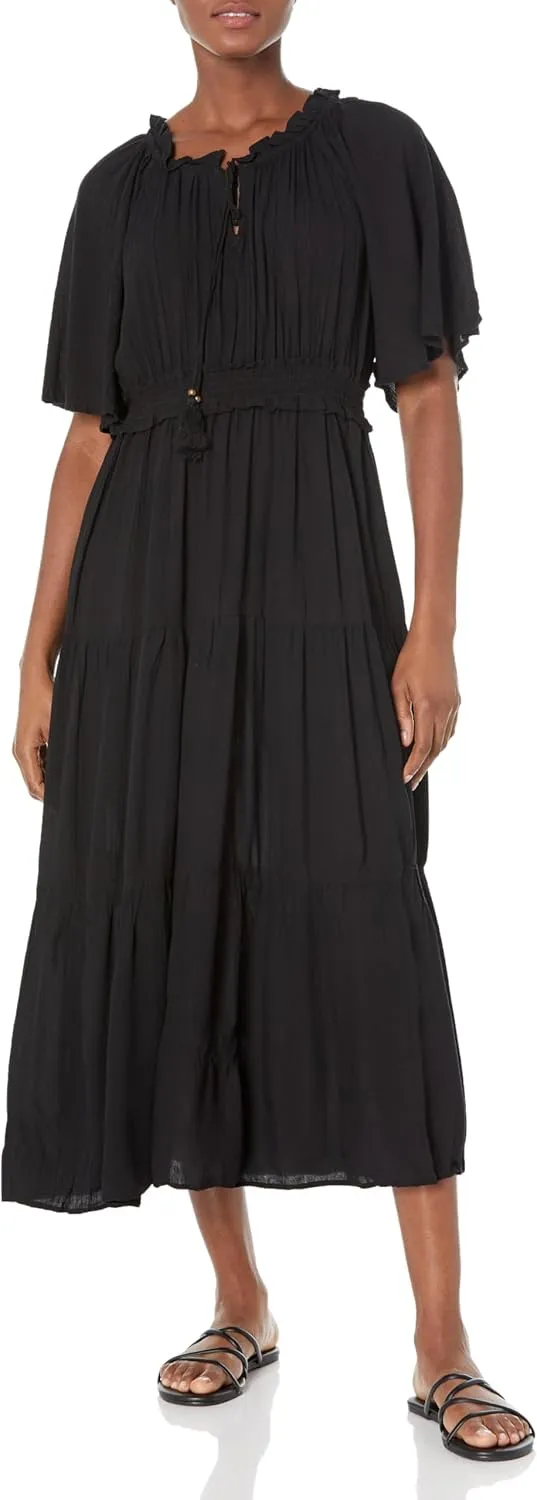 Angie Women's Short Sleeve Tie Neck Cinch Waist Maxi Dress