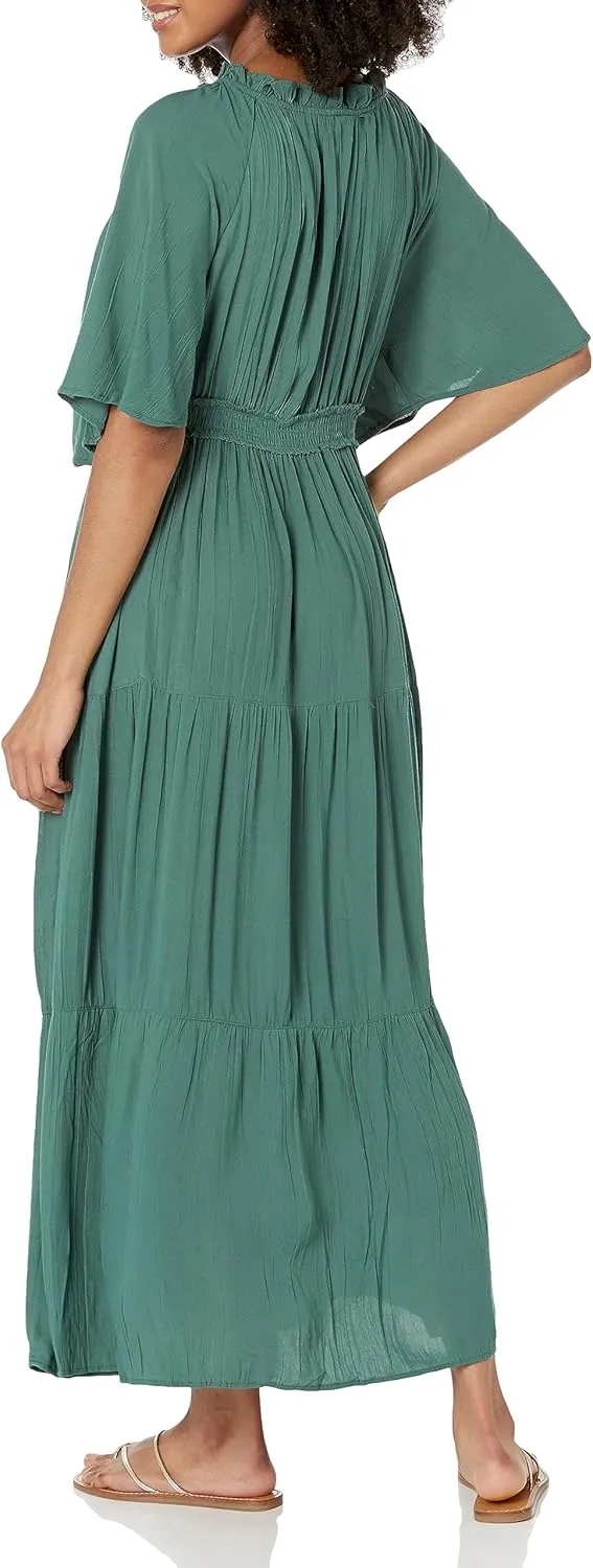Angie Women's Short Sleeve Tie Neck Cinch Waist Maxi Dress