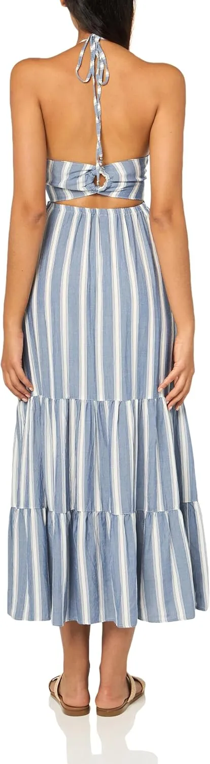 Angie Women's Striped Halter Maxi Dress with Ring Back