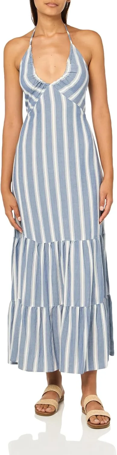 Angie Women's Striped Halter Maxi Dress with Ring Back