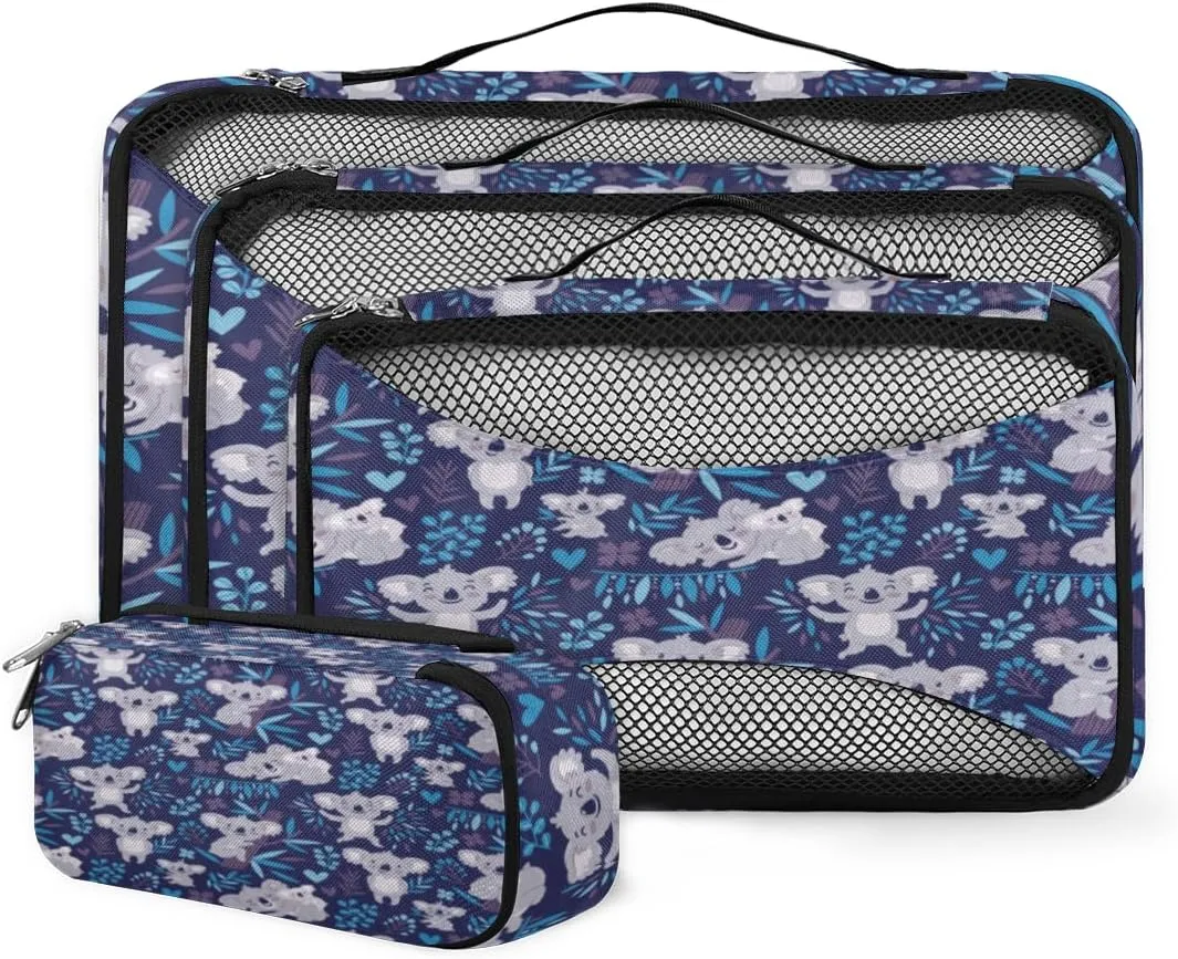 Animal Koalas 4 Piece Packing Travel Organizer Cubes Set Mesh Fabric Ventilate Design Lightweight Travel Accessories 4 Sizes (Extra Large, Large, Medium, Small)