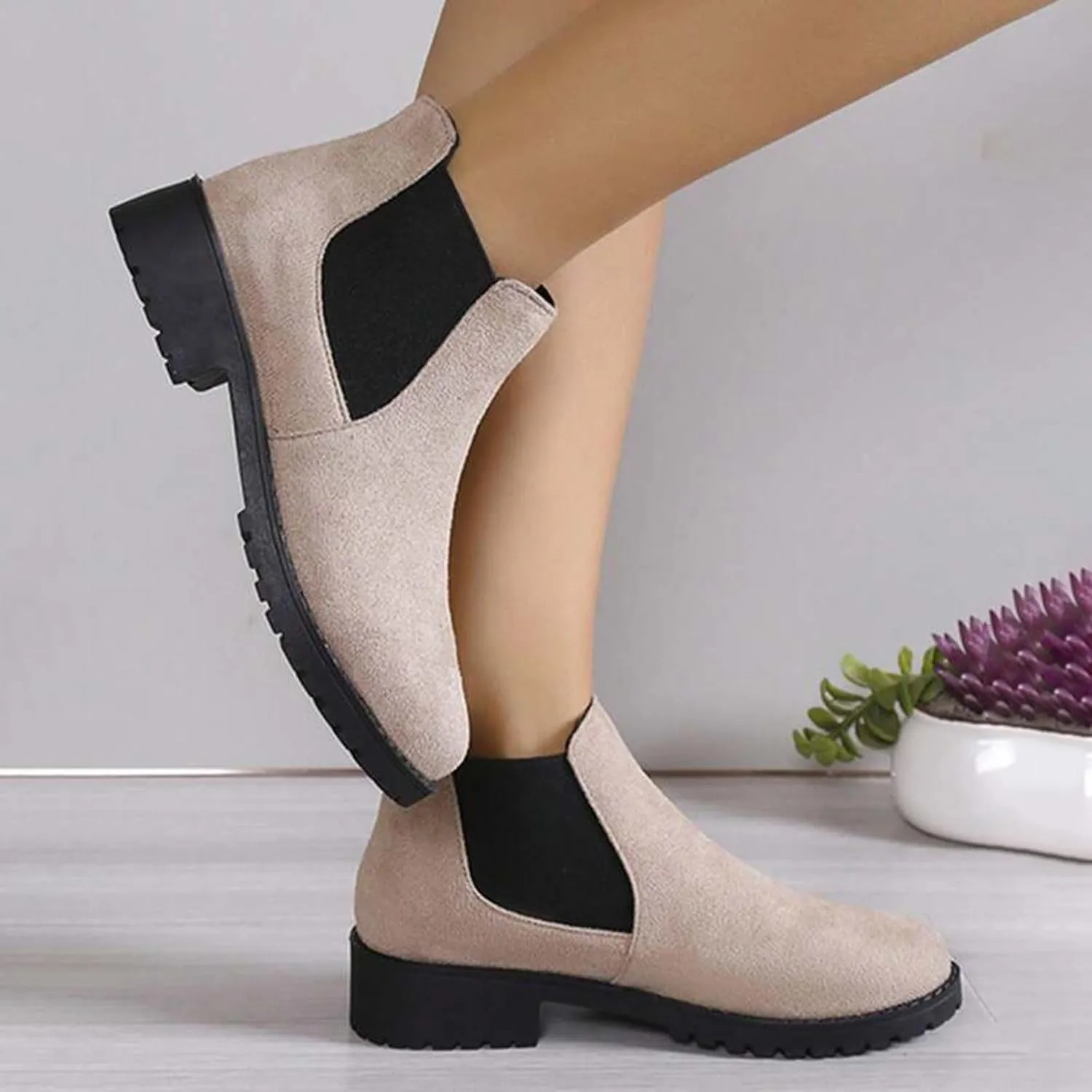 Ankle Boots for Women Dressy Fall Boots for Women 2024 Suede Round Toe Elasticized Mouth Sleeve Low Heel Booties