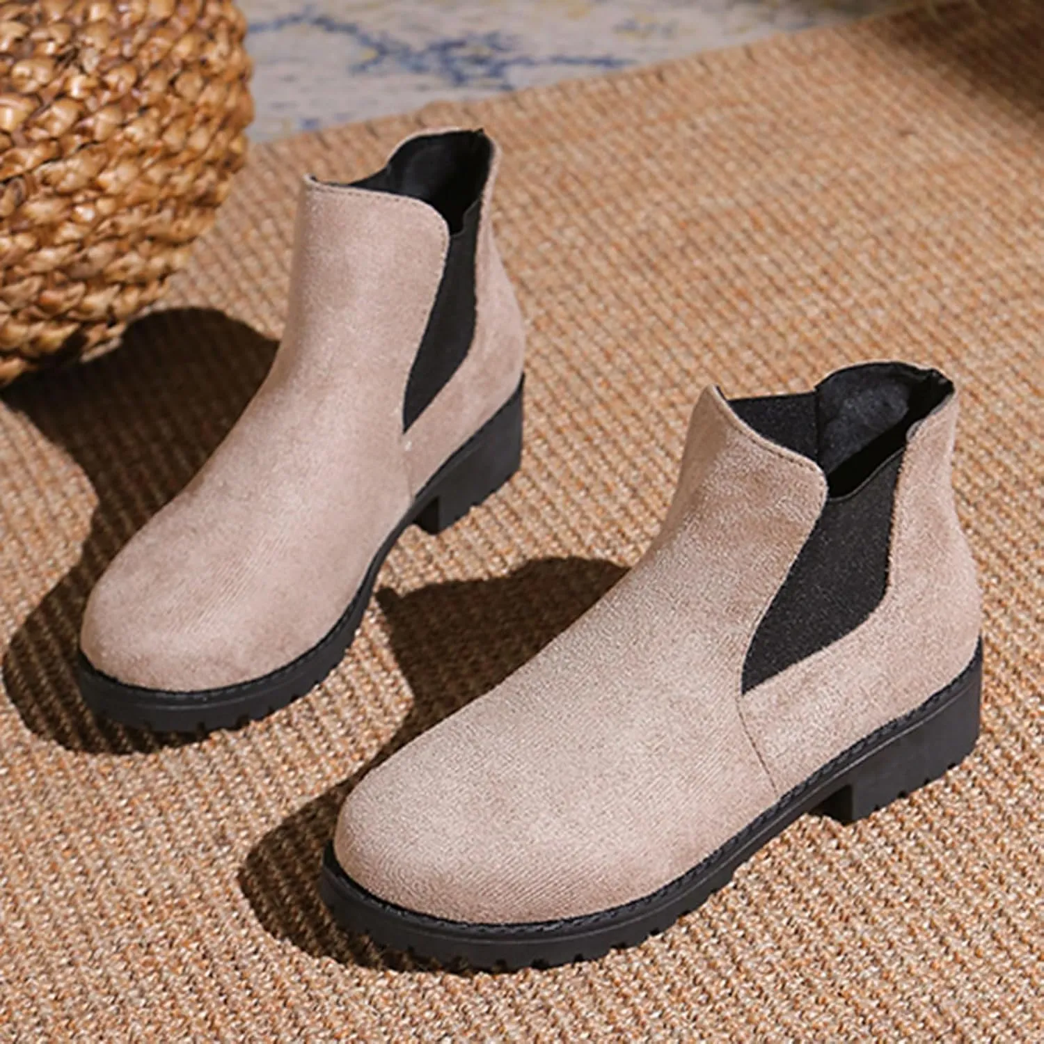 Ankle Boots for Women Dressy Fall Boots for Women 2024 Suede Round Toe Elasticized Mouth Sleeve Low Heel Booties