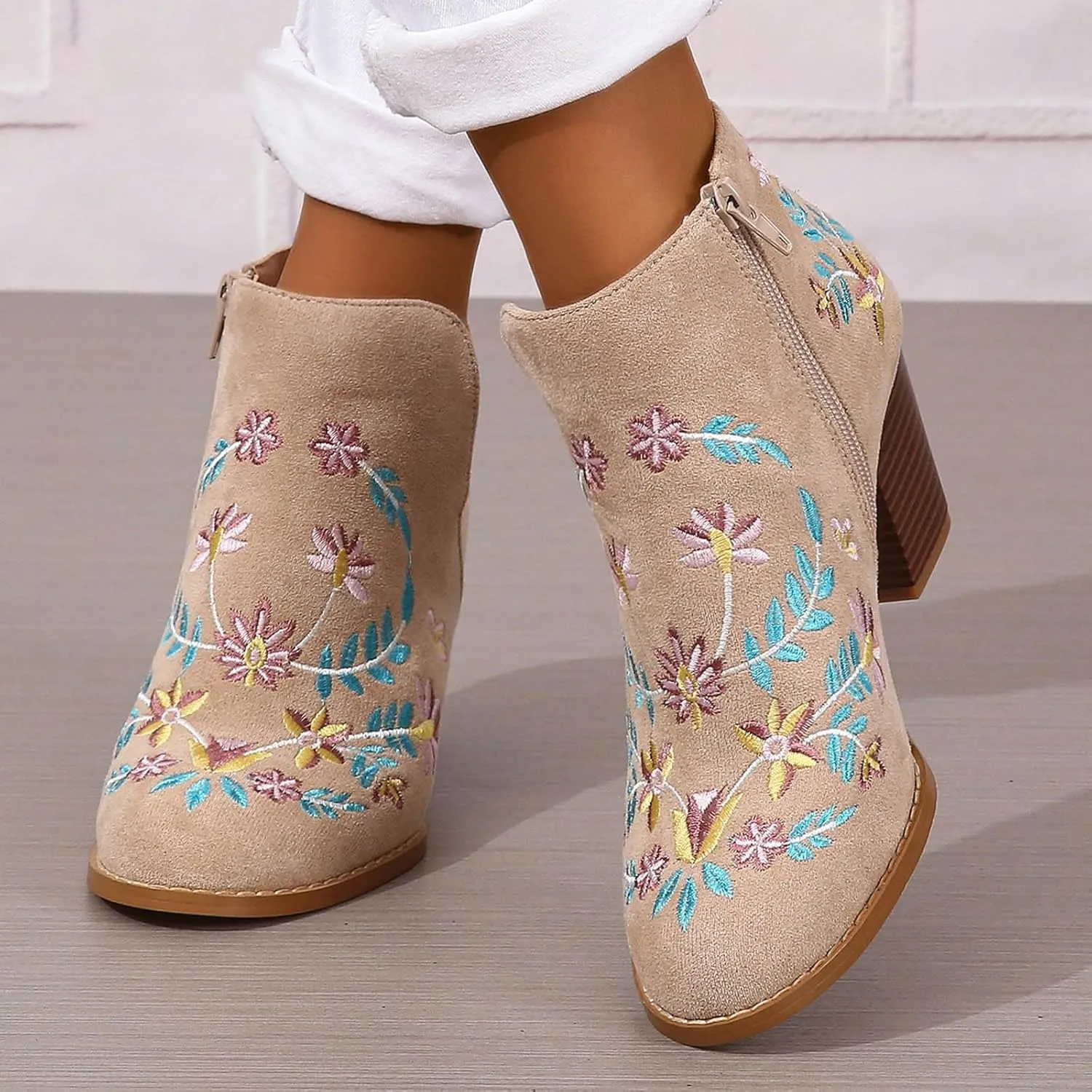Ankle Boots for Women Women's Suede Ankle Booties Low Heel Fashion Flower Embroidery Boots Black Brown Beige US5-11