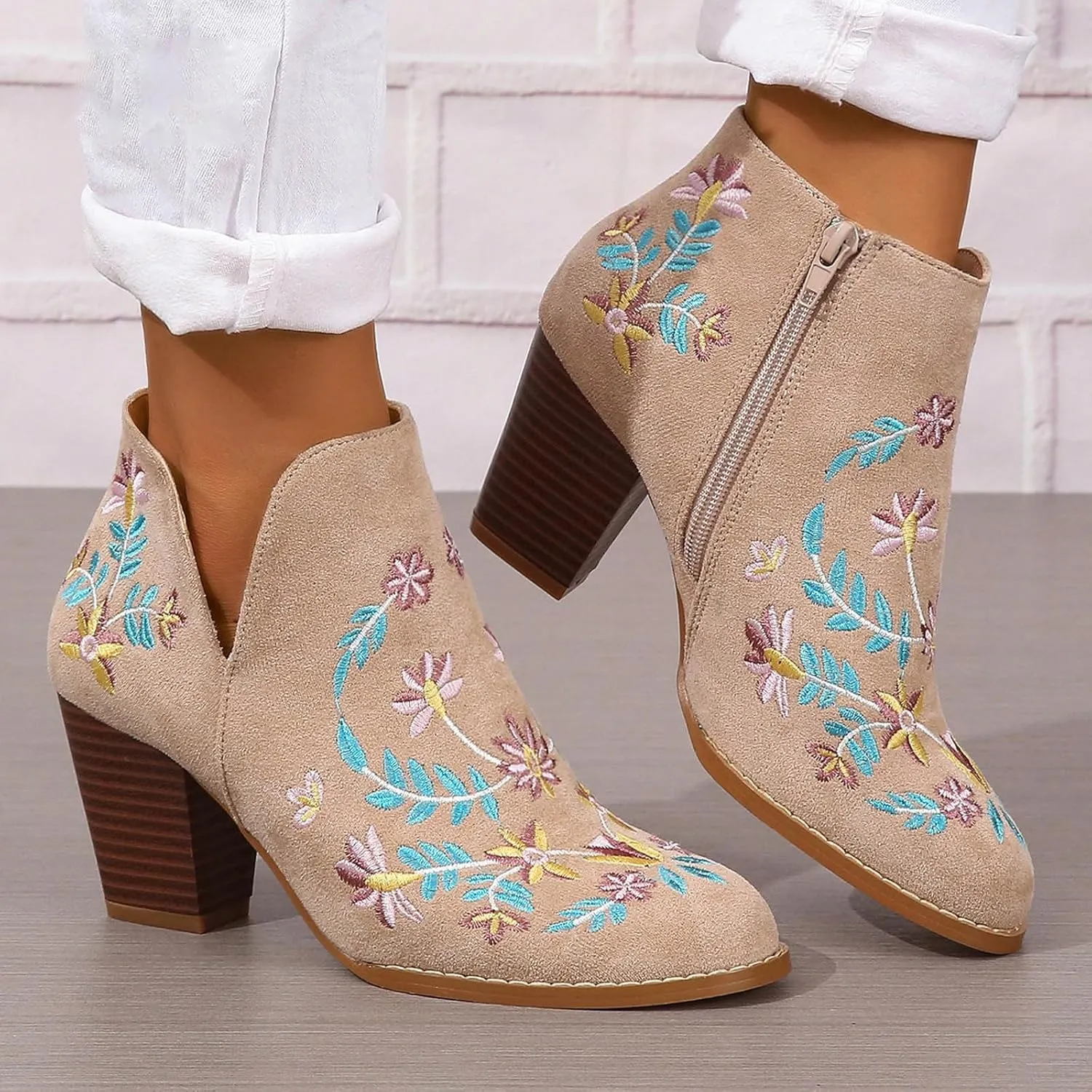 Ankle Boots for Women Women's Suede Ankle Booties Low Heel Fashion Flower Embroidery Boots Black Brown Beige US5-11