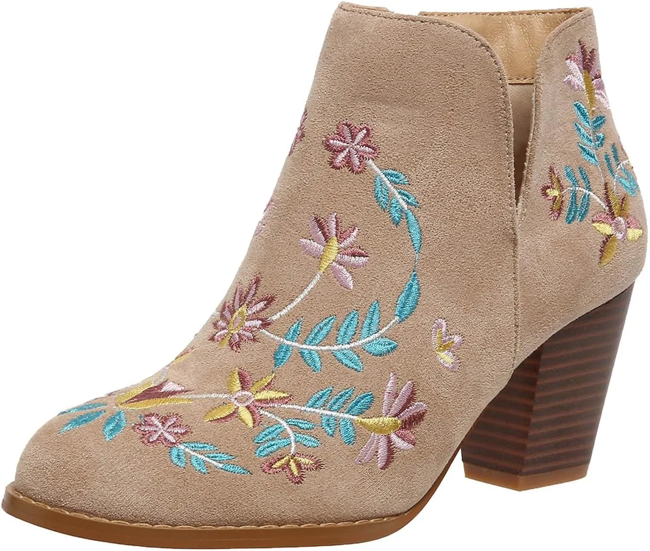 Ankle Boots for Women Women's Suede Ankle Booties Low Heel Fashion Flower Embroidery Boots Black Brown Beige US5-11