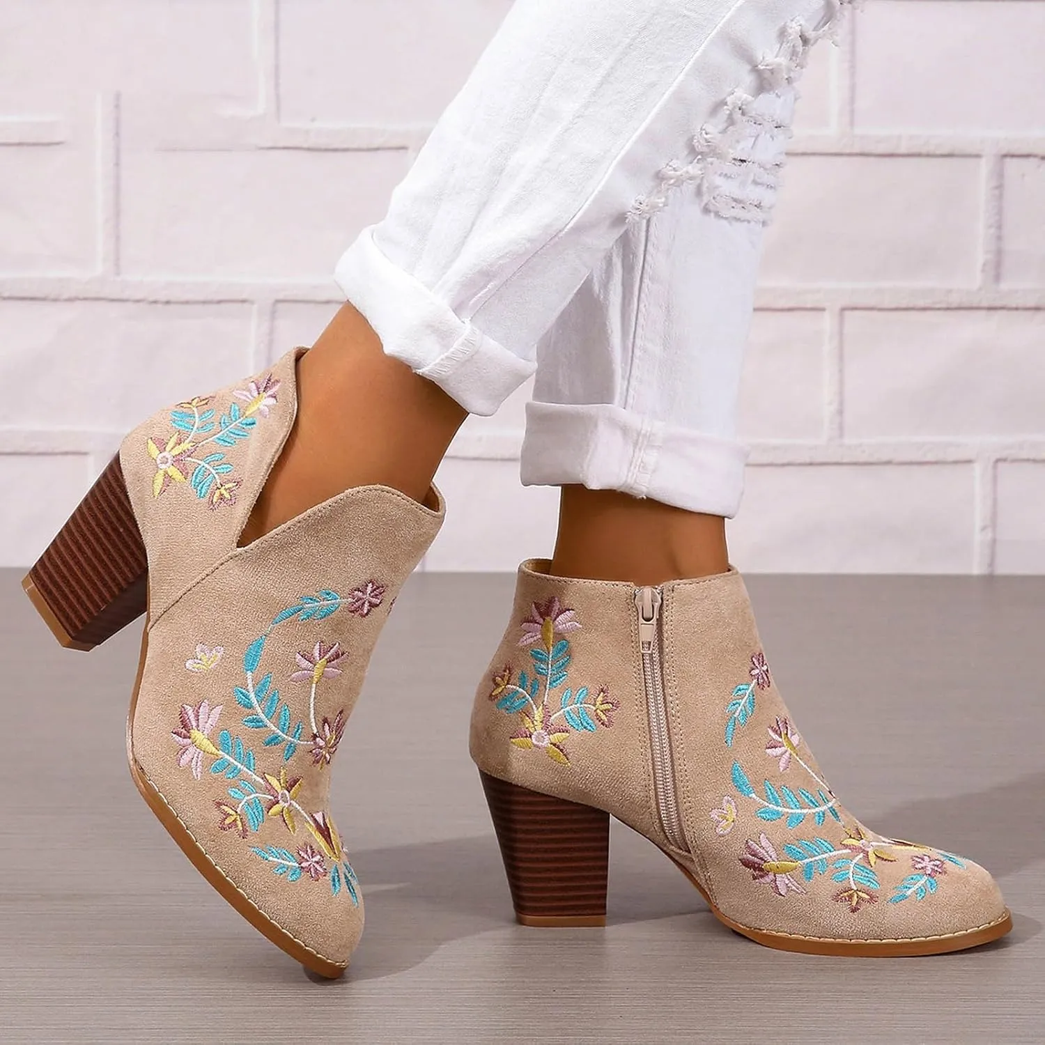 Ankle Boots for Women Women's Suede Ankle Booties Low Heel Fashion Flower Embroidery Boots Black Brown Beige US5-11