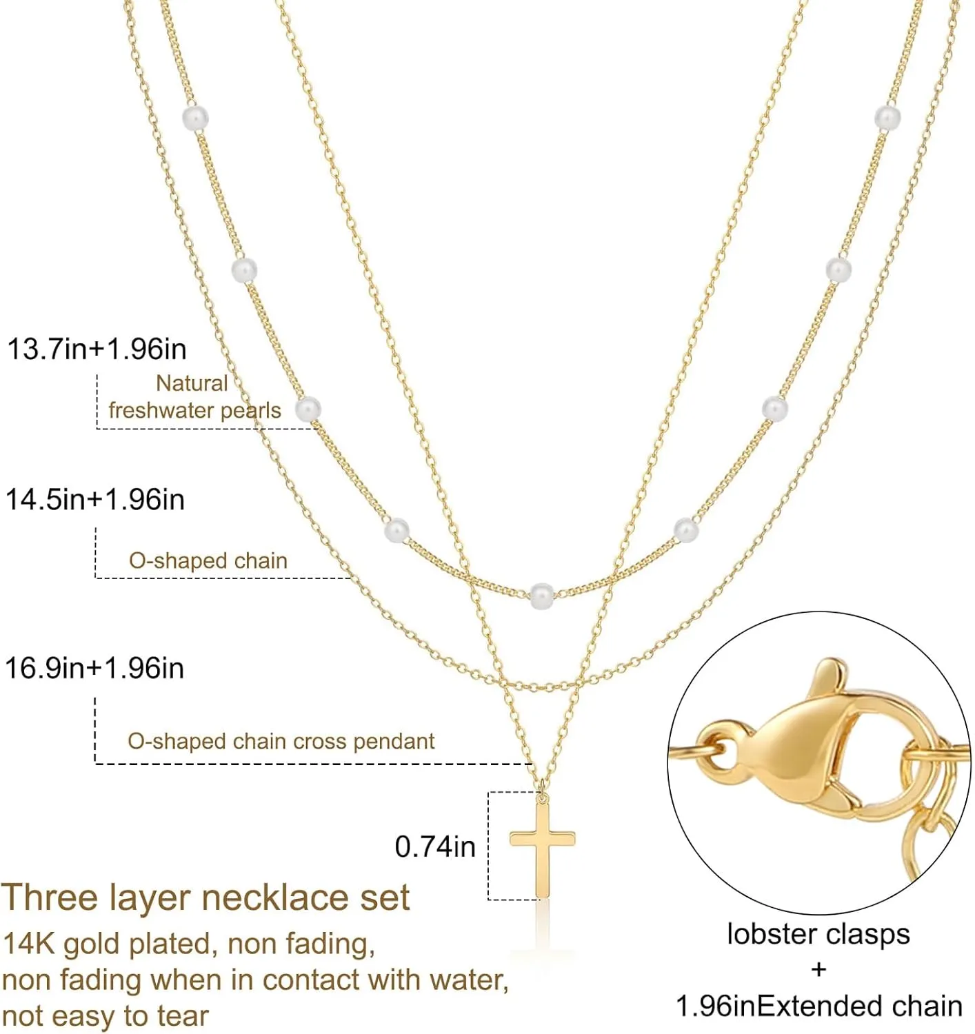 ASCOMY Layered Necklaces for Women Dainty Gold Necklace 14K Gold Plated Herringbone Necklace for Women Pearl Cross Necklace Paperclip Cuban Figaro Rope Satellite Chain Gold Choker Trendy Jewelry Gift