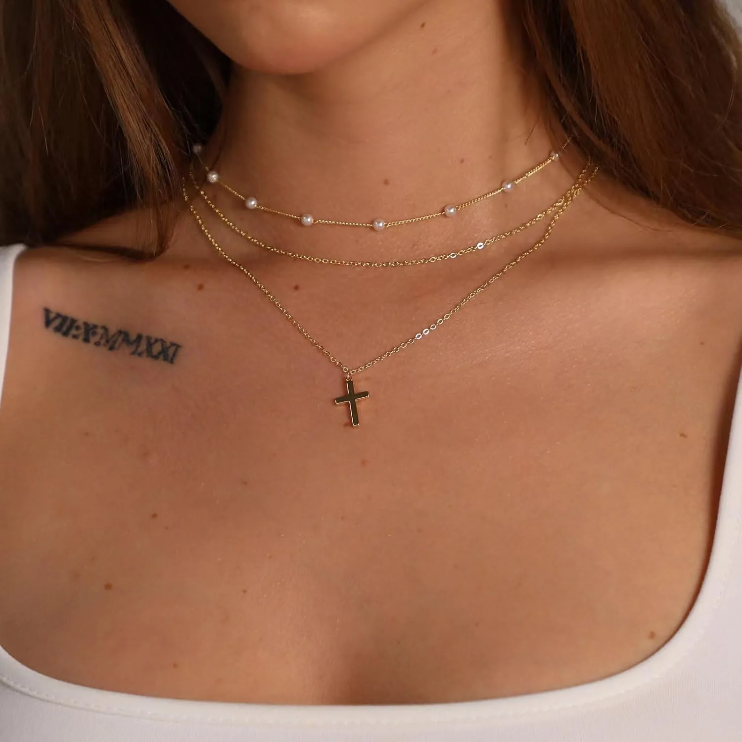 ASCOMY Layered Necklaces for Women Dainty Gold Necklace 14K Gold Plated Herringbone Necklace for Women Pearl Cross Necklace Paperclip Cuban Figaro Rope Satellite Chain Gold Choker Trendy Jewelry Gift