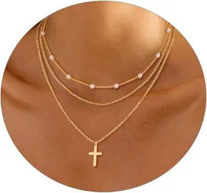 ASCOMY Layered Necklaces for Women Dainty Gold Necklace 14K Gold Plated Herringbone Necklace for Women Pearl Cross Necklace Paperclip Cuban Figaro Rope Satellite Chain Gold Choker Trendy Jewelry Gift