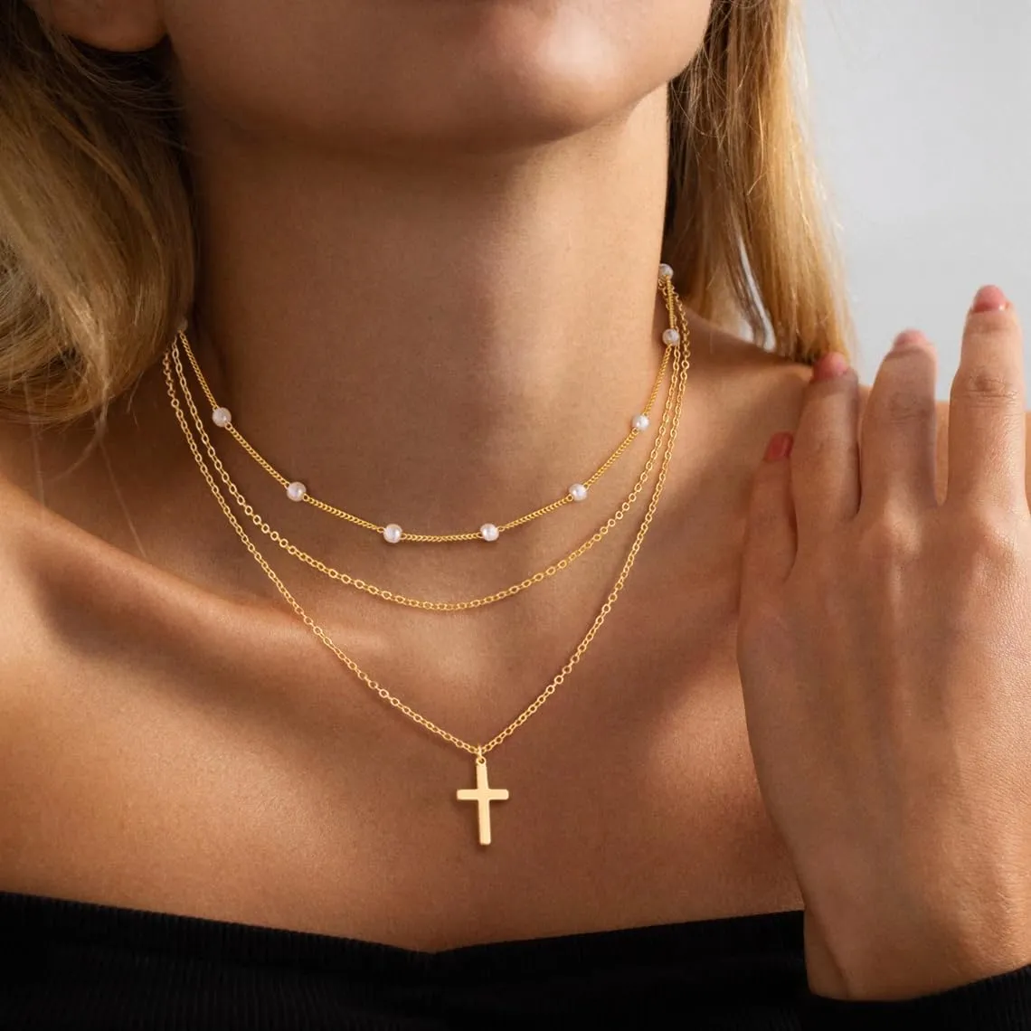 ASCOMY Layered Necklaces for Women Dainty Gold Necklace 14K Gold Plated Herringbone Necklace for Women Pearl Cross Necklace Paperclip Cuban Figaro Rope Satellite Chain Gold Choker Trendy Jewelry Gift
