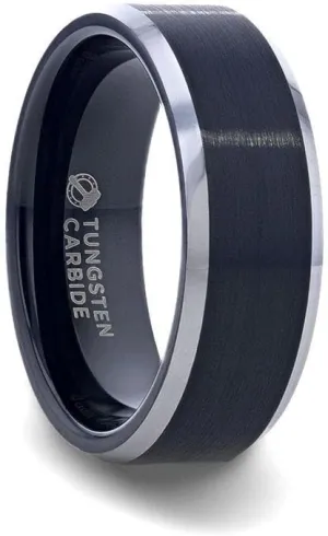 ASTON Tungsten Wedding Ring for Men - Comfort Fit, Custom Engraved, Wedding Band with Matte Black Brushed Center - Stylish Durable Marriage Ring, Couple's Engagement Promise - 4mm - 8mm