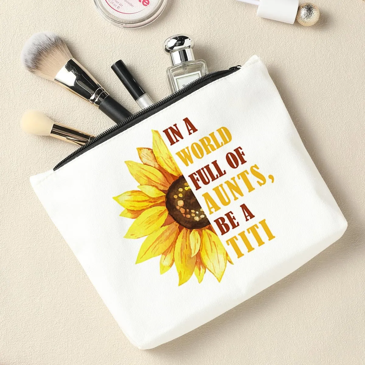 Aunt Auntie Gifts, Titi Makeup Bag for Women, TITI Gift from Sunflower Cosmetic Bag, Aunt Appreciation Gift, Christmas Thanksgiving Mother's Day Birthday Gift, for Aunt Titi Travel Toiletry Pouch