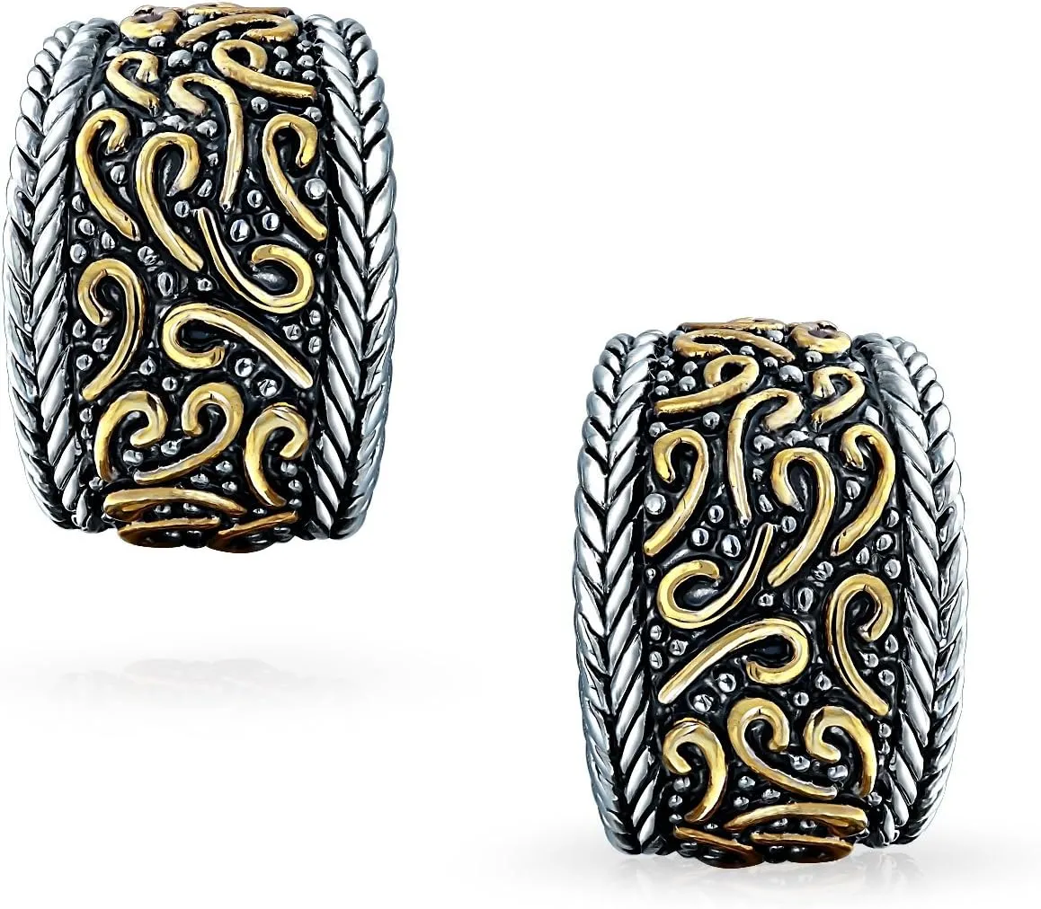 Bali Style Swirl Two Tone Wide Concave Half Hoop Clip On Earrings Non Pierced Ears Black Sliver Gold Plated Brass