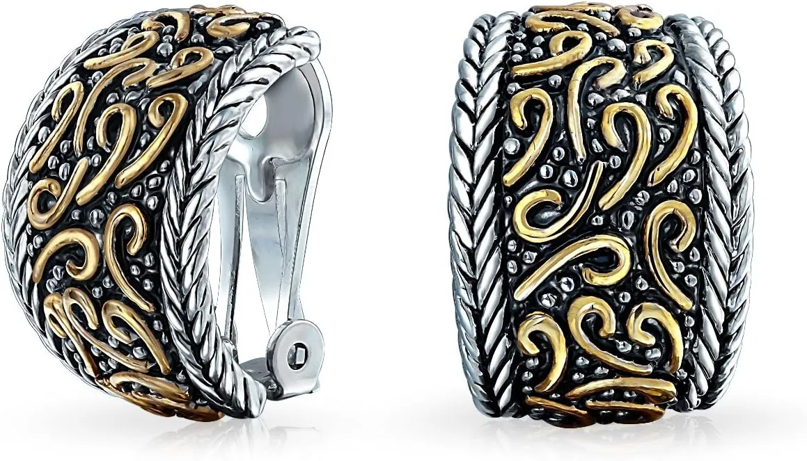 Bali Style Swirl Two Tone Wide Concave Half Hoop Clip On Earrings Non Pierced Ears Black Sliver Gold Plated Brass