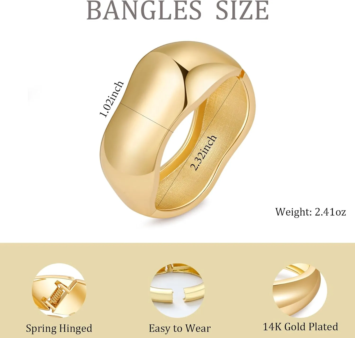 Bangle Bracelets for Women | 14K Gold Plated Trendy Wide Bracelets | Hinged Arm Cuff Bangles Chunky Bracelet for Women