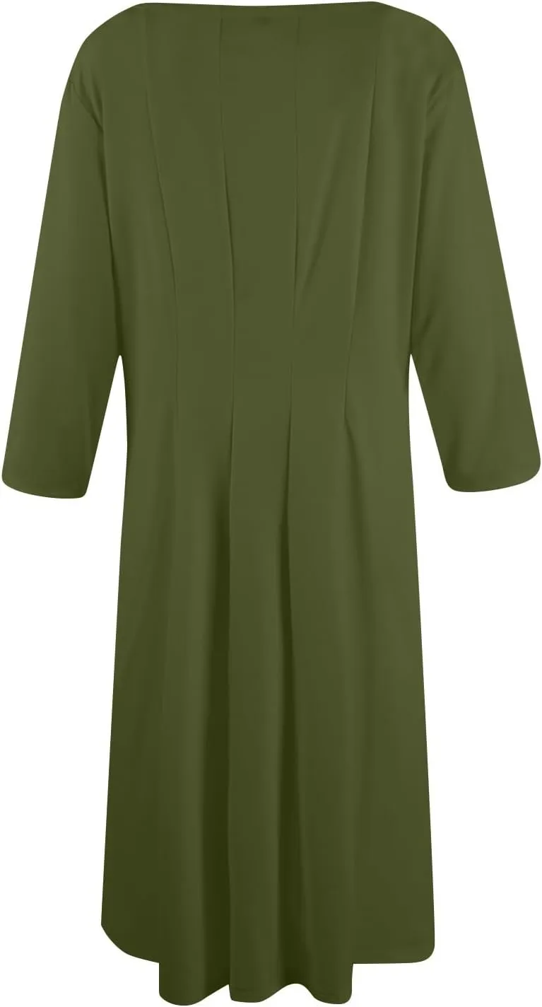 Beach Dresses for Women Summer 3/4 Sleeve Wrap Dress Solid Plain Ruched Midi Dresses Spring Pleated Dress with Pocket