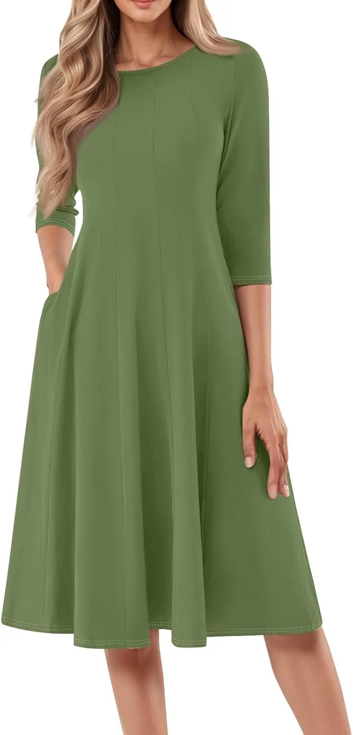 Beach Dresses for Women Summer 3/4 Sleeve Wrap Dress Solid Plain Ruched Midi Dresses Spring Pleated Dress with Pocket