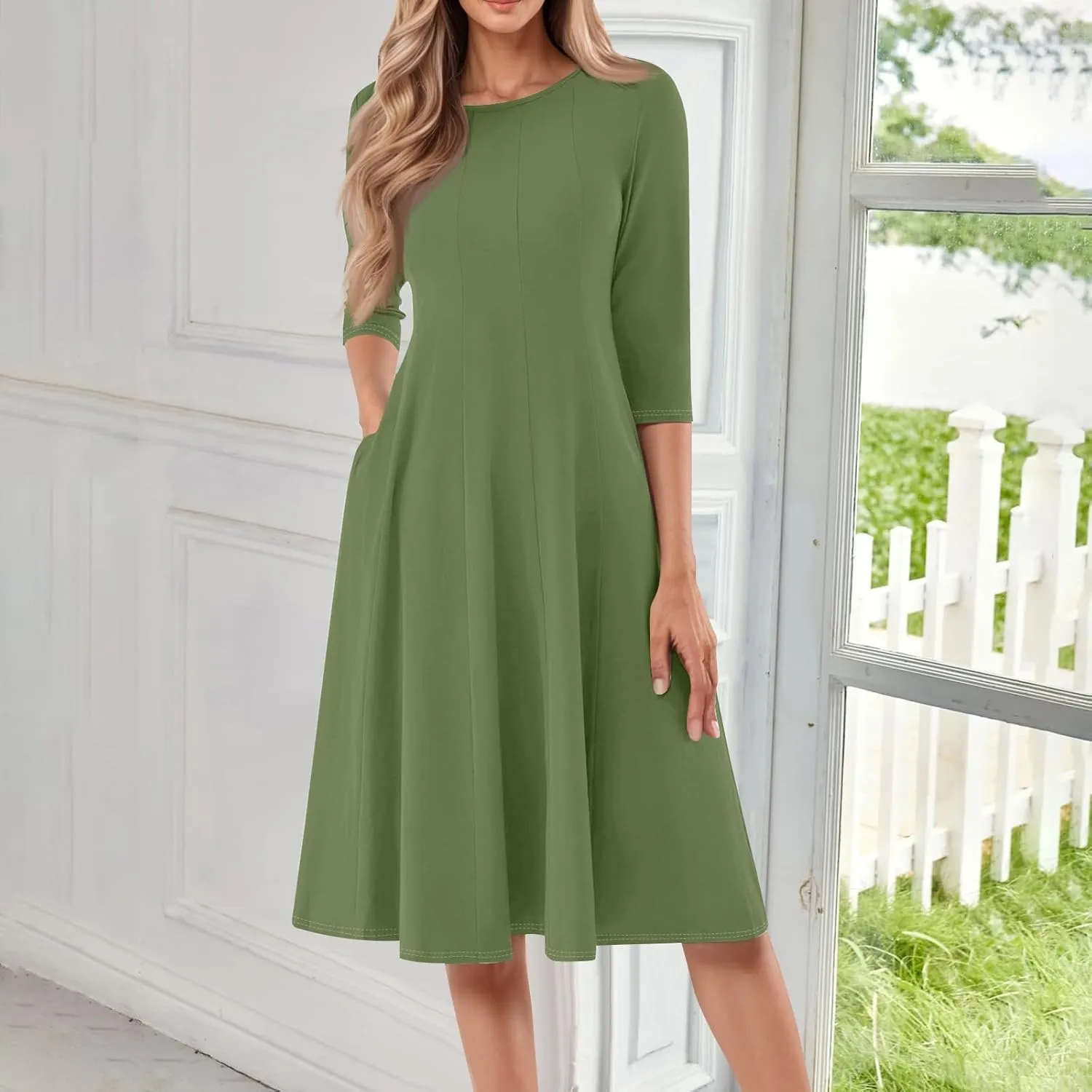 Beach Dresses for Women Summer 3/4 Sleeve Wrap Dress Solid Plain Ruched Midi Dresses Spring Pleated Dress with Pocket
