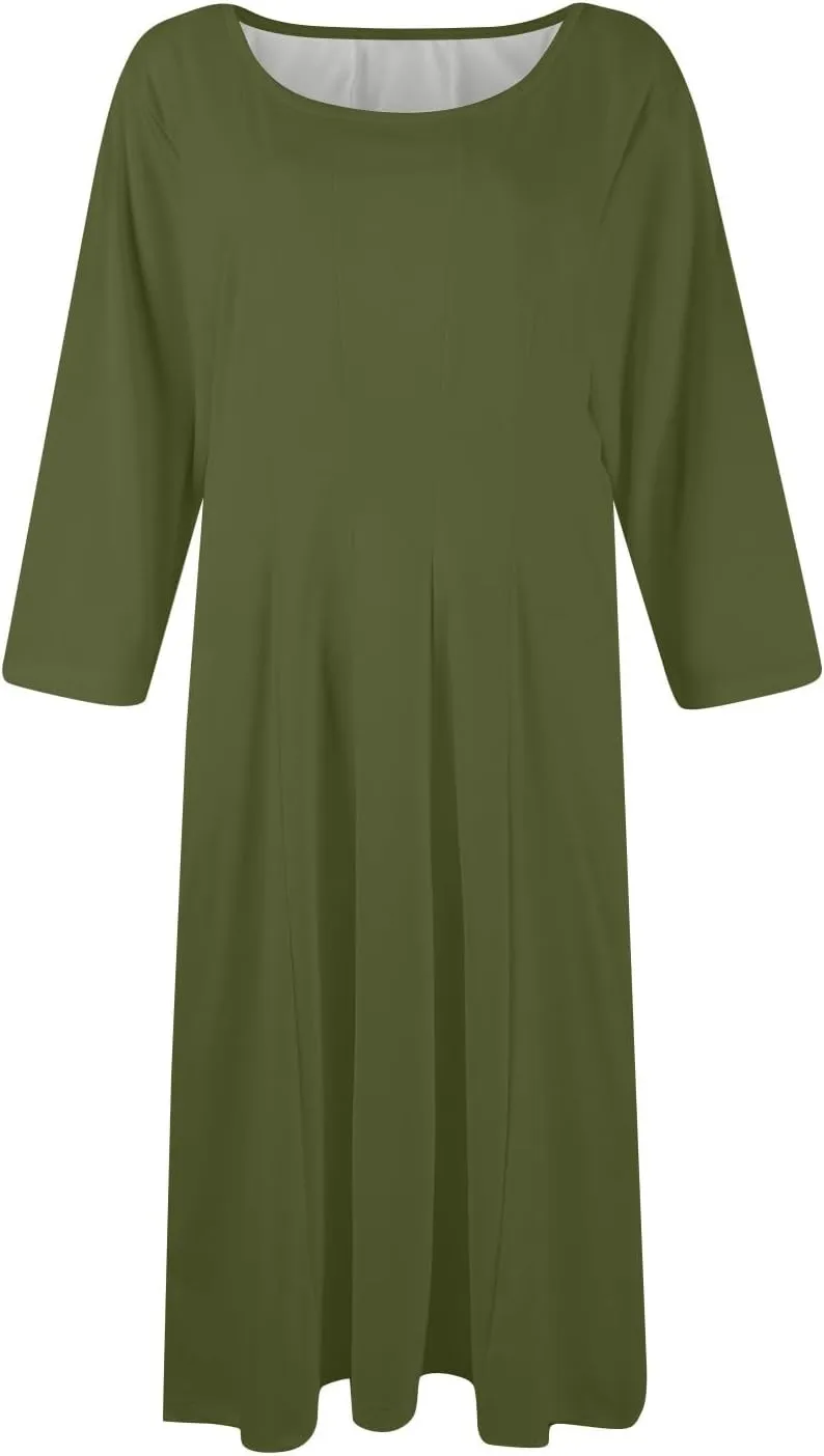 Beach Dresses for Women Summer 3/4 Sleeve Wrap Dress Solid Plain Ruched Midi Dresses Spring Pleated Dress with Pocket