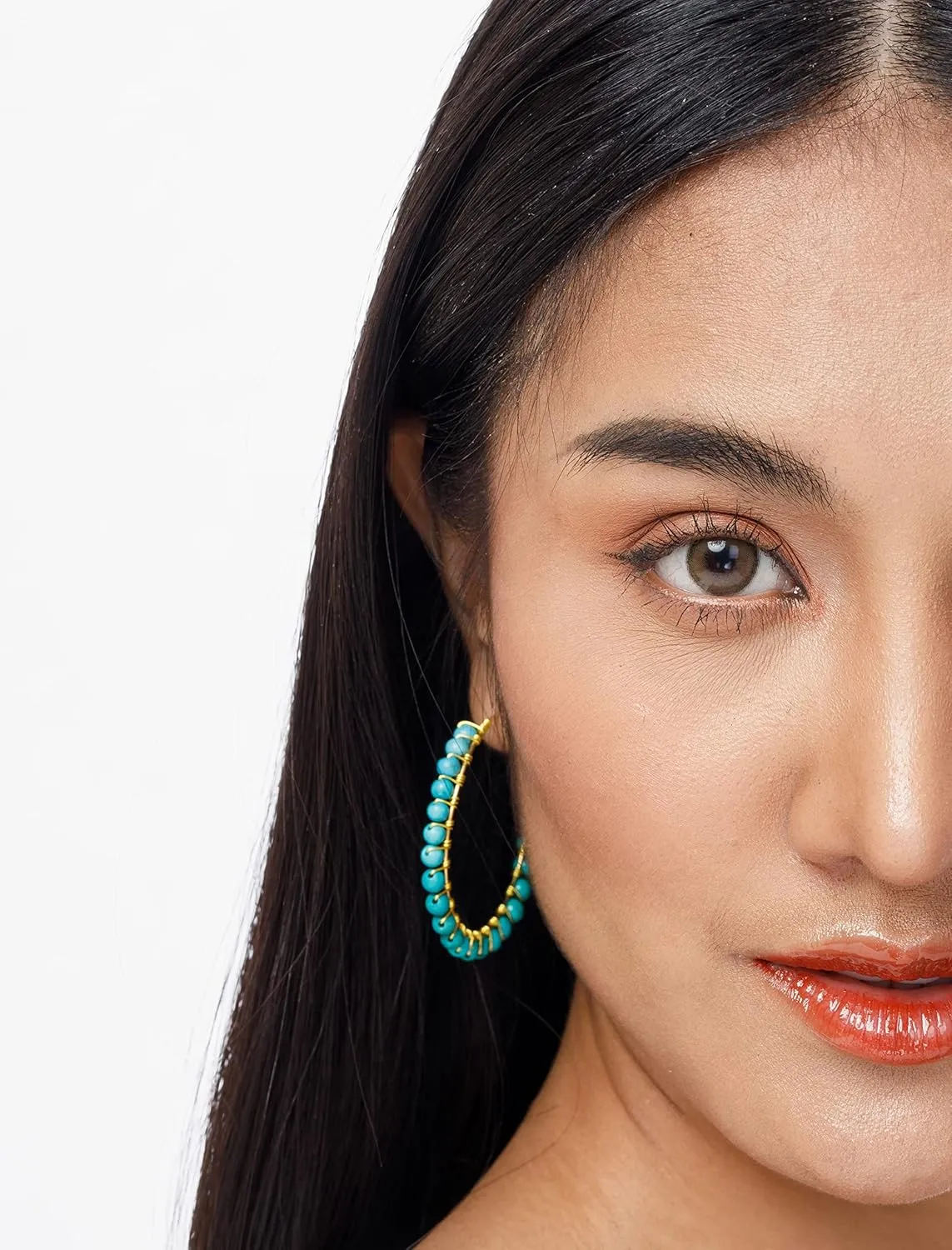 Beaded Hoop Earrings For Women - Boho Beaded Earring Hoops - Large Black Turquoise and Navy Blue Stone Bead Dangle Earrings