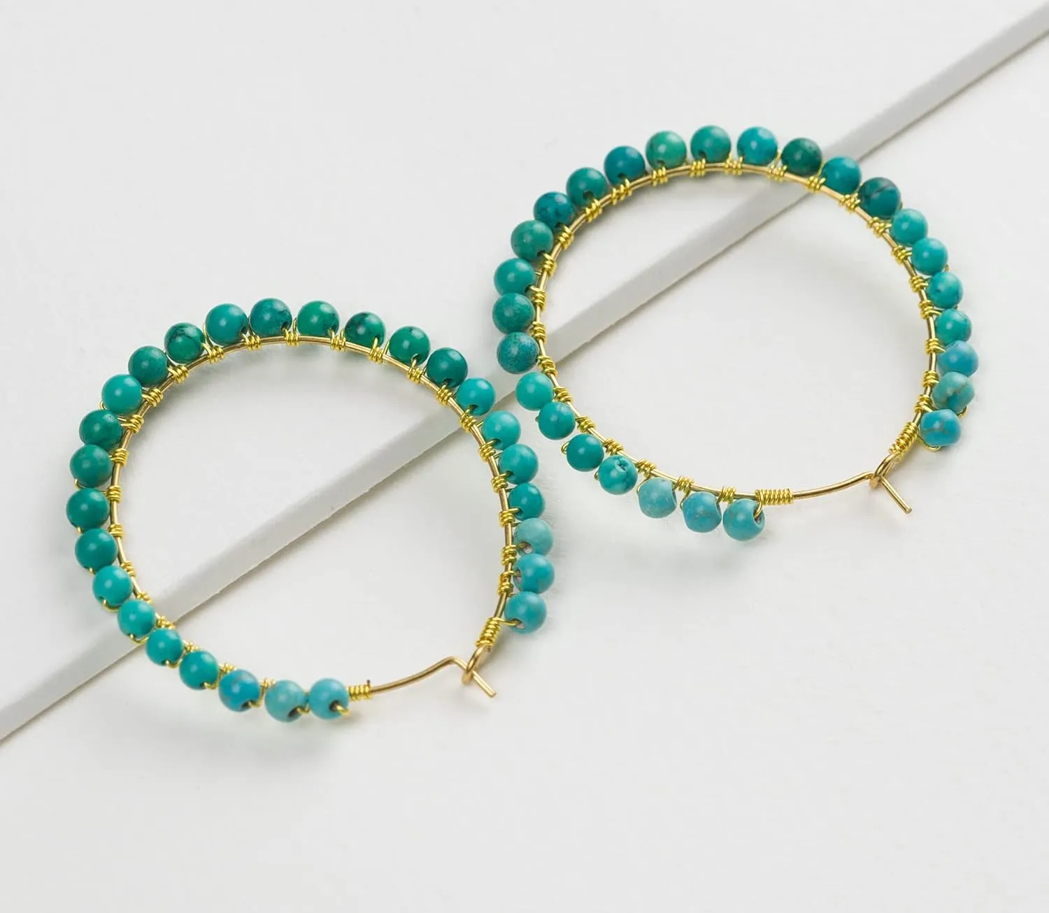 Beaded Hoop Earrings For Women - Boho Beaded Earring Hoops - Large Black Turquoise and Navy Blue Stone Bead Dangle Earrings