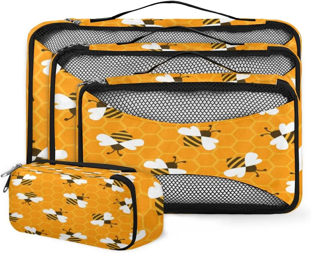 Bee With Honey 4 Piece Packing Travel Organizer Cubes Set Mesh Fabric Ventilate Design Lightweight Travel Accessories 4 Sizes (Extra Large, Large, Medium, Small)