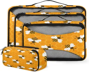 Bee With Honey 4 Piece Packing Travel Organizer Cubes Set Mesh Fabric Ventilate Design Lightweight Travel Accessories 4 Sizes (Extra Large, Large, Medium, Small)