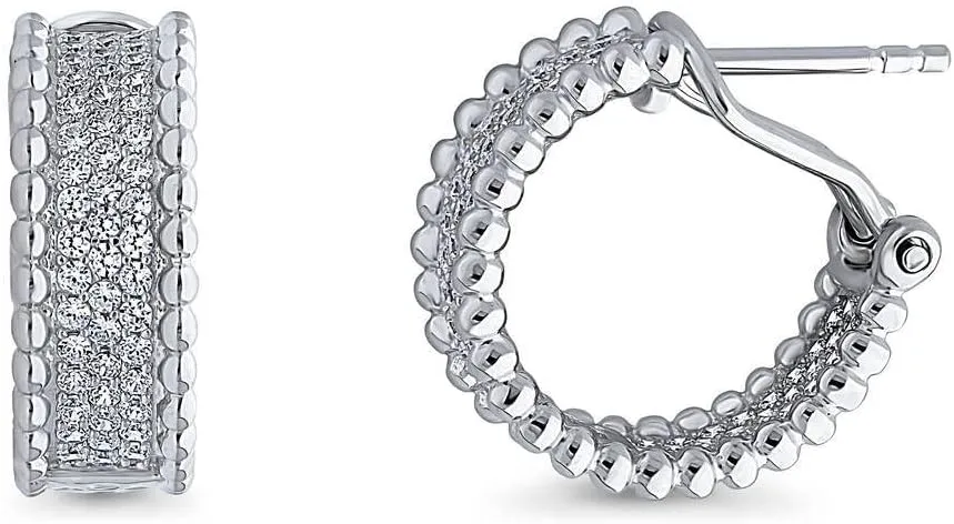 BERRICLE Sterling Silver Bead Cubic Zirconia CZ Medium Fashion Omega Back Hoop Earrings for Women, Rhodium Plated 0.67 inch