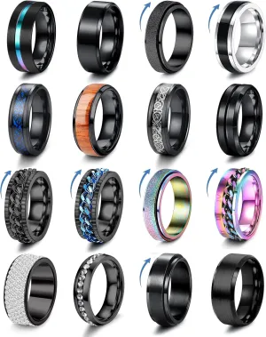 Besteel 16Pcs Stainless Steel Band Rings for Men Women Fidget Anxiety Relief Rings Cool Chain Beveled Edges Celtic Black Band Spinner Rings Set for Wedding Promise Mens Rings Pack