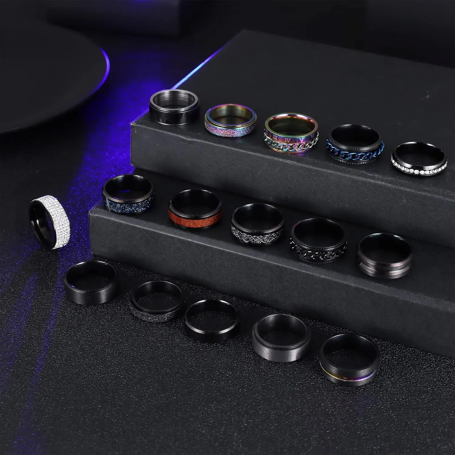 Besteel 16Pcs Stainless Steel Band Rings for Men Women Fidget Anxiety Relief Rings Cool Chain Beveled Edges Celtic Black Band Spinner Rings Set for Wedding Promise Mens Rings Pack