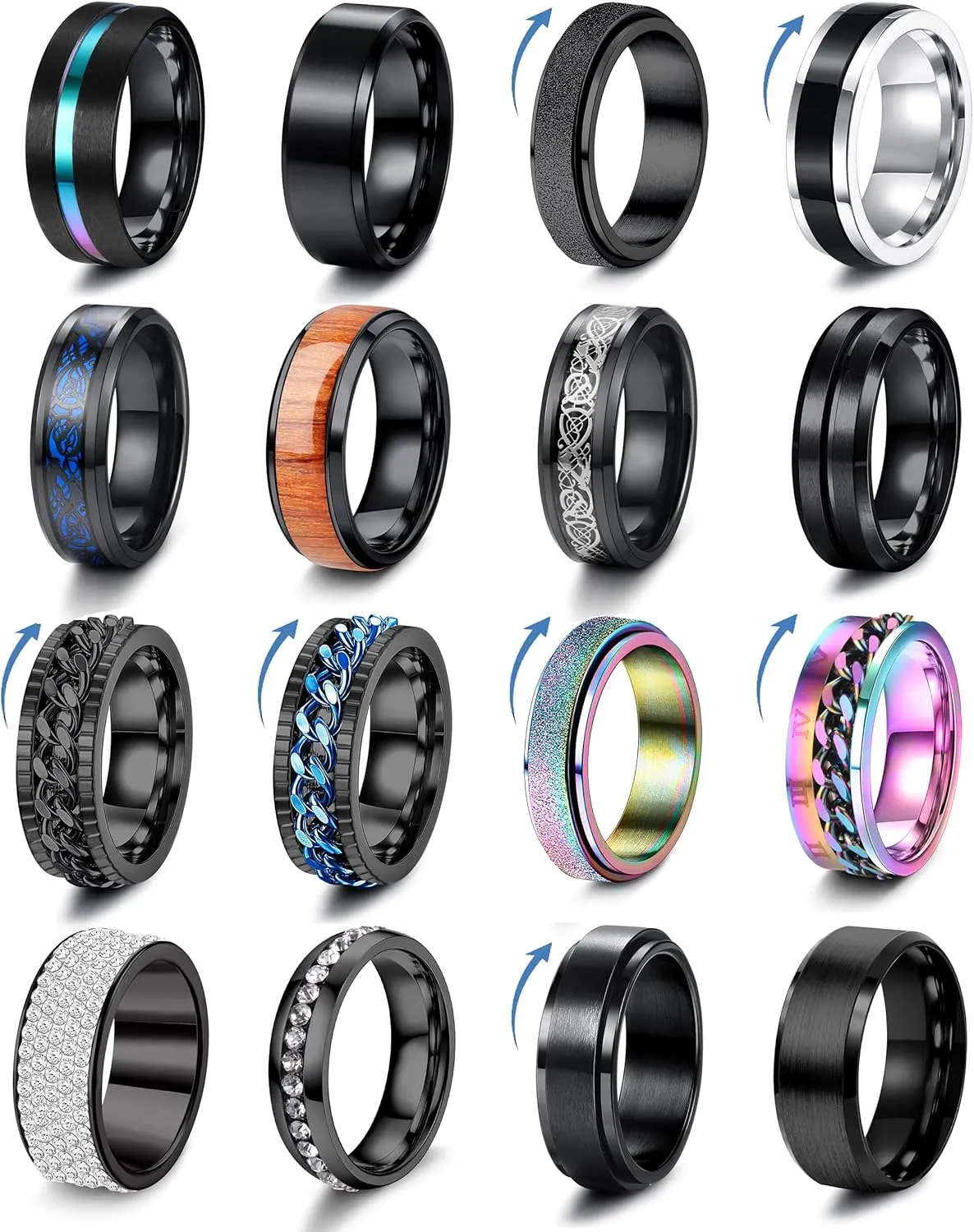 Besteel 16Pcs Stainless Steel Band Rings for Men Women Fidget Anxiety Relief Rings Cool Chain Beveled Edges Celtic Black Band Spinner Rings Set for Wedding Promise Mens Rings Pack