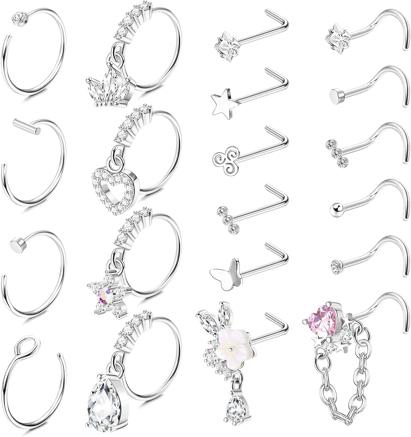 Besteel 20 PCS 20G Dangle Nose Rings for Women - Butterfly, Heart, Moon, Flower, Cross CZ Hoops - Cartilage Earring Piercing Jewelry