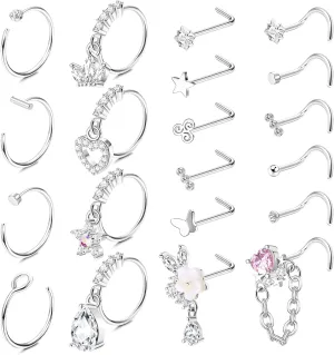 Besteel 20 PCS 20G Dangle Nose Rings for Women - Butterfly, Heart, Moon, Flower, Cross CZ Hoops - Cartilage Earring Piercing Jewelry