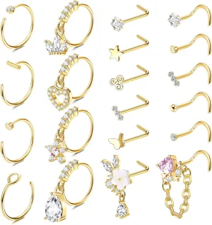 Besteel 20 PCS 20G Dangle Nose Rings for Women - Butterfly, Heart, Moon, Flower, Cross CZ Hoops - Cartilage Earring Piercing Jewelry