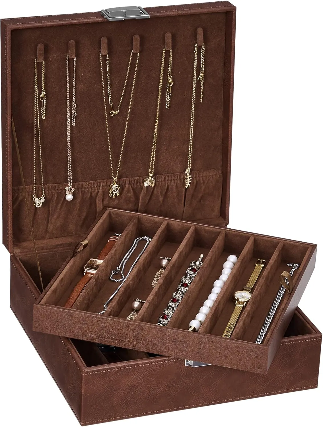 BEWISHOME Necklace Organizer Box Necklace Storage Organizer for Chains, Bracelets - 12 Compartments (7 regular   5 large), 6 Hooks, 2 Layers - Jewelry Box for Women Men Girls, Brown SSH31Z