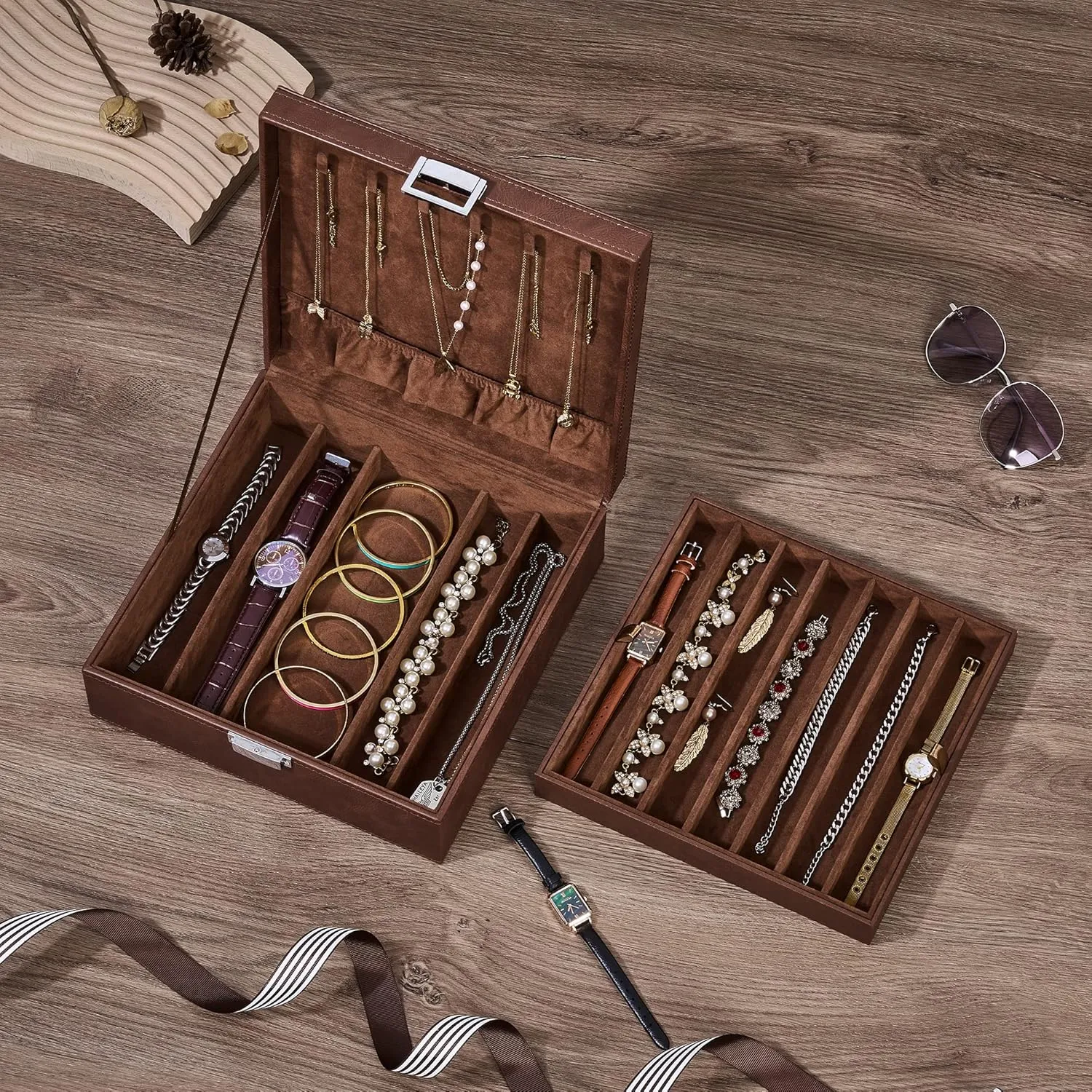 BEWISHOME Necklace Organizer Box Necklace Storage Organizer for Chains, Bracelets - 12 Compartments (7 regular   5 large), 6 Hooks, 2 Layers - Jewelry Box for Women Men Girls, Brown SSH31Z