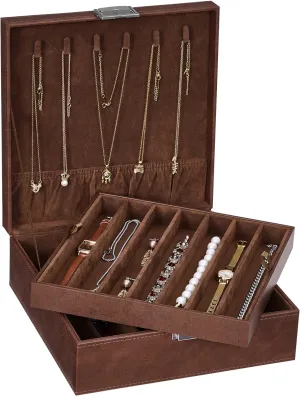 BEWISHOME Necklace Organizer Box Necklace Storage Organizer for Chains, Bracelets - 12 Compartments (7 regular   5 large), 6 Hooks, 2 Layers - Jewelry Box for Women Men Girls, Brown SSH31Z