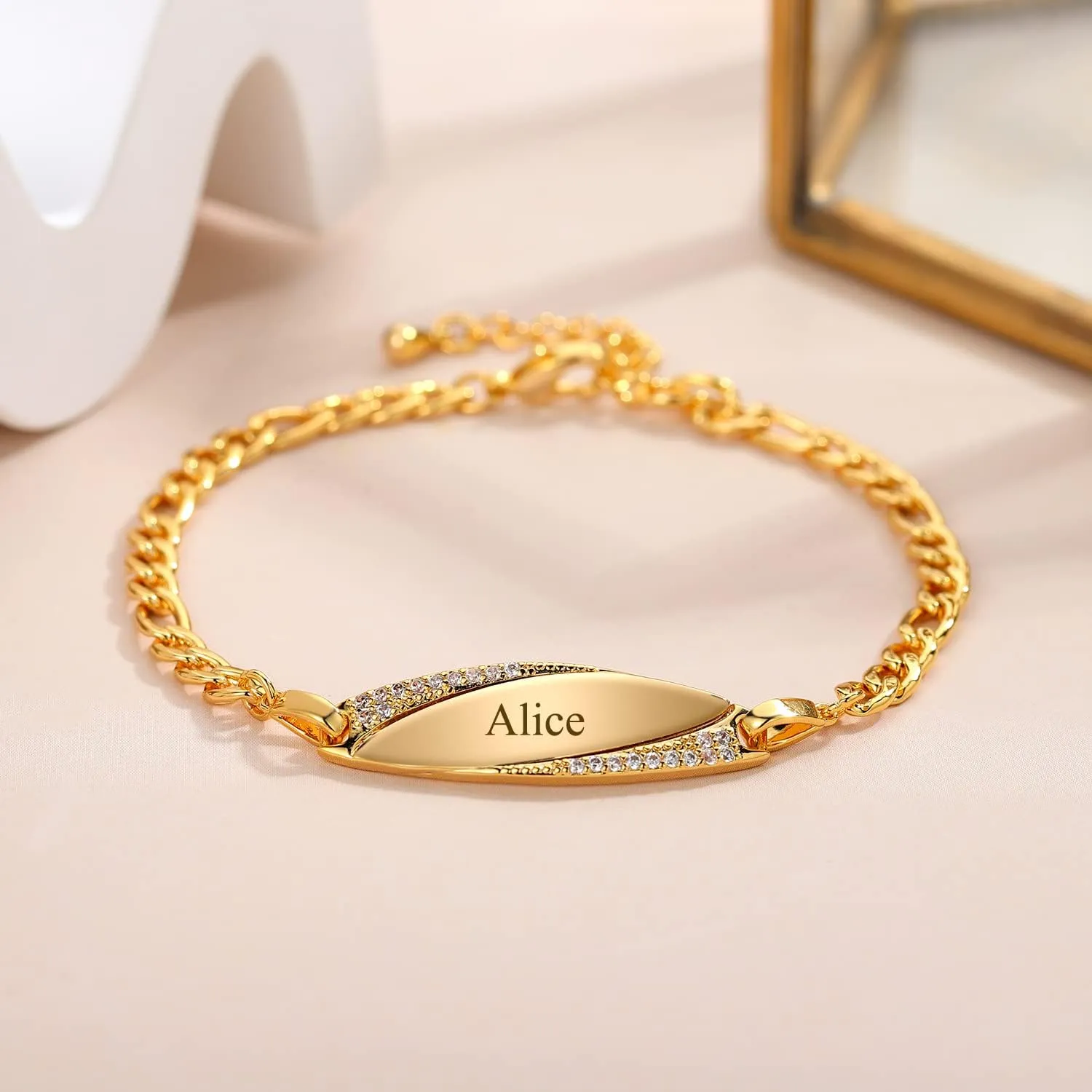 Birthday Gift Personalized Engraving Name Charm Bracelet Diamond Thick Hand Chain 18k Gold Plated Bracelets Custom Adjustable Bangles Jewelry Women Gifts