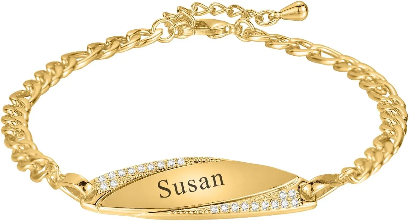Birthday Gift Personalized Engraving Name Charm Bracelet Diamond Thick Hand Chain 18k Gold Plated Bracelets Custom Adjustable Bangles Jewelry Women Gifts