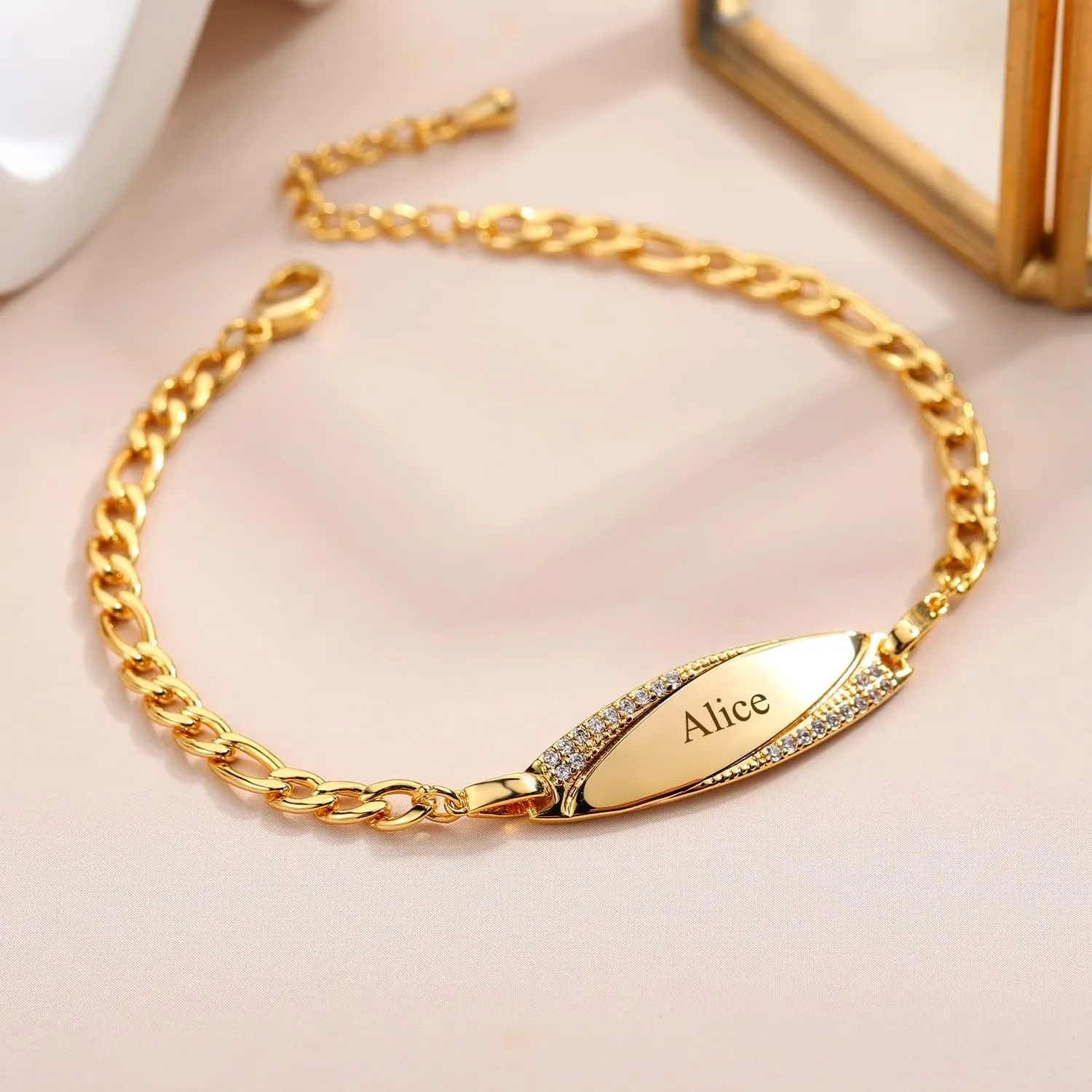 Birthday Gift Personalized Engraving Name Charm Bracelet Diamond Thick Hand Chain 18k Gold Plated Bracelets Custom Adjustable Bangles Jewelry Women Gifts