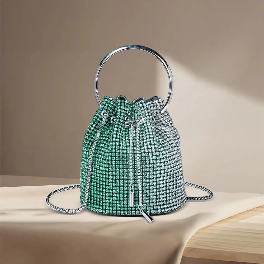 Bling Evening Handbag Rhinestone Drawstring Shoulder Bucket Purse Diamond Clutch Purse Party Wedding Shopping