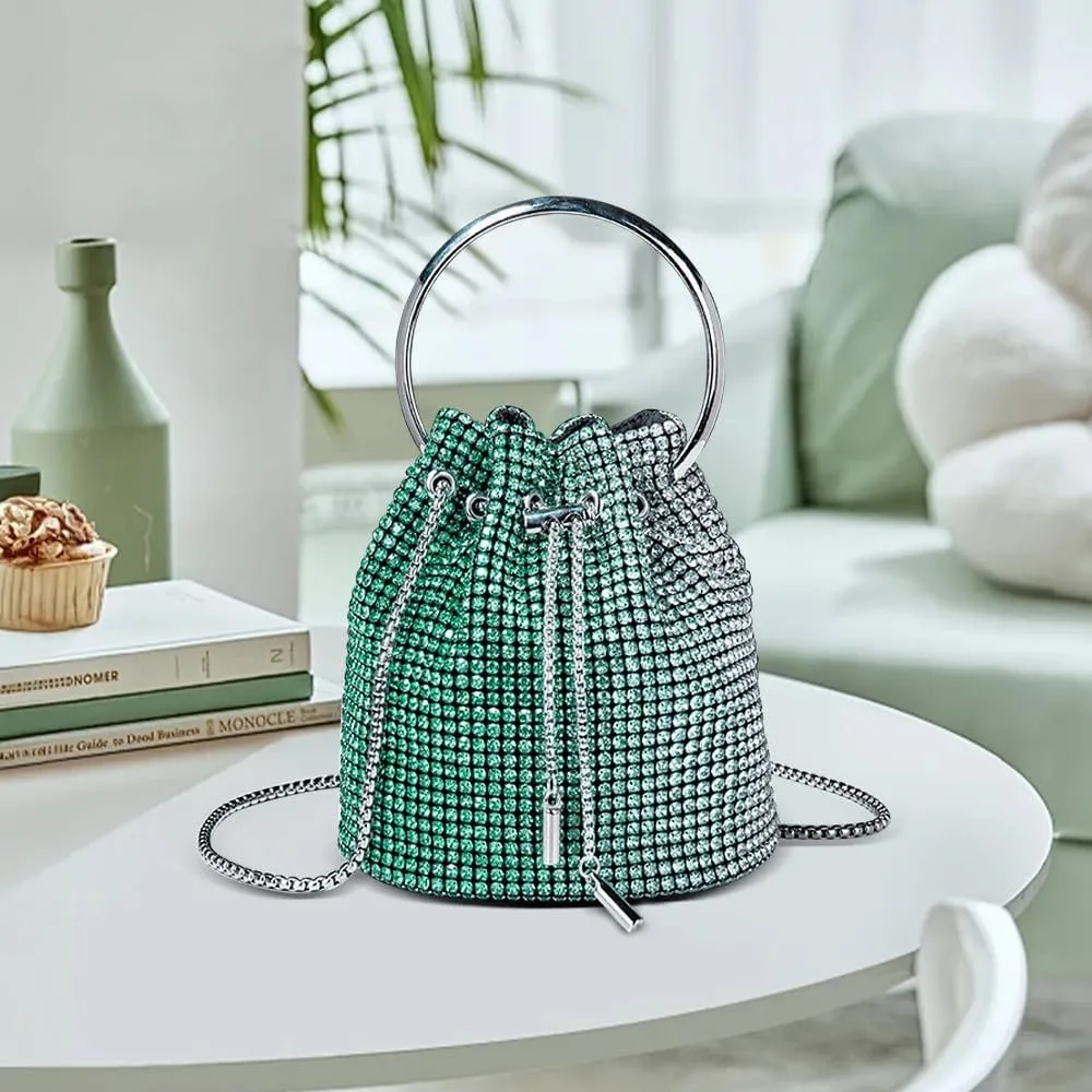 Bling Evening Handbag Rhinestone Drawstring Shoulder Bucket Purse Diamond Clutch Purse Party Wedding Shopping