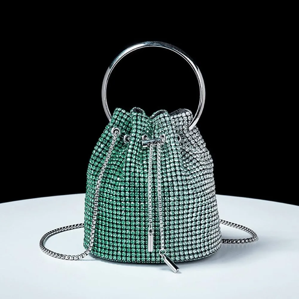 Bling Evening Handbag Rhinestone Drawstring Shoulder Bucket Purse Diamond Clutch Purse Party Wedding Shopping