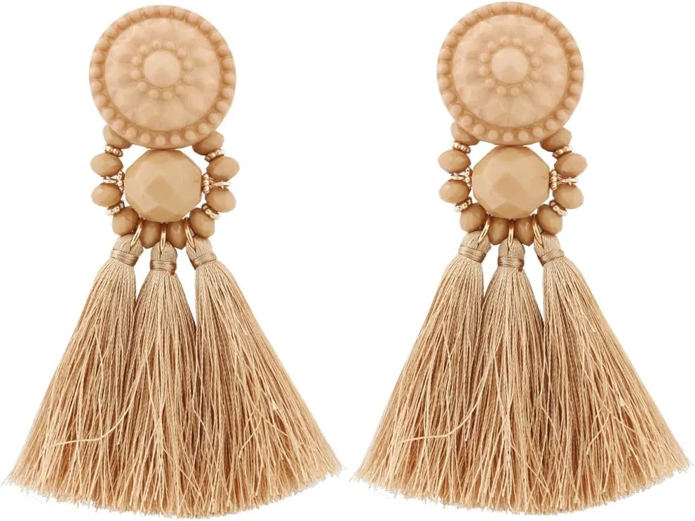 boderier Bohemian Statement Thread Tassel Chandelier Drop Dangle Earrings with Cassandra Button Stud