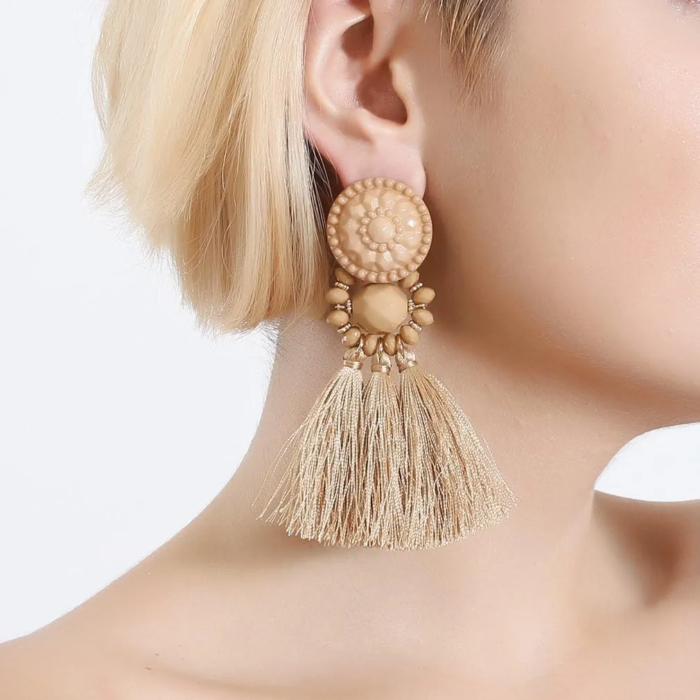 boderier Bohemian Statement Thread Tassel Chandelier Drop Dangle Earrings with Cassandra Button Stud